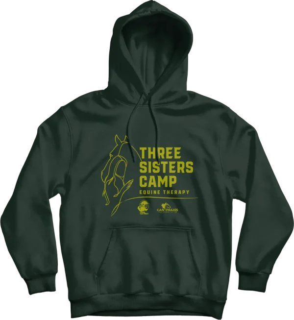 Design by THREE SISTERS CAMP. Printed in Canada. Wear yours with pride! A classic hoodie with a large front pouch pocket and drawstrings in matching color.