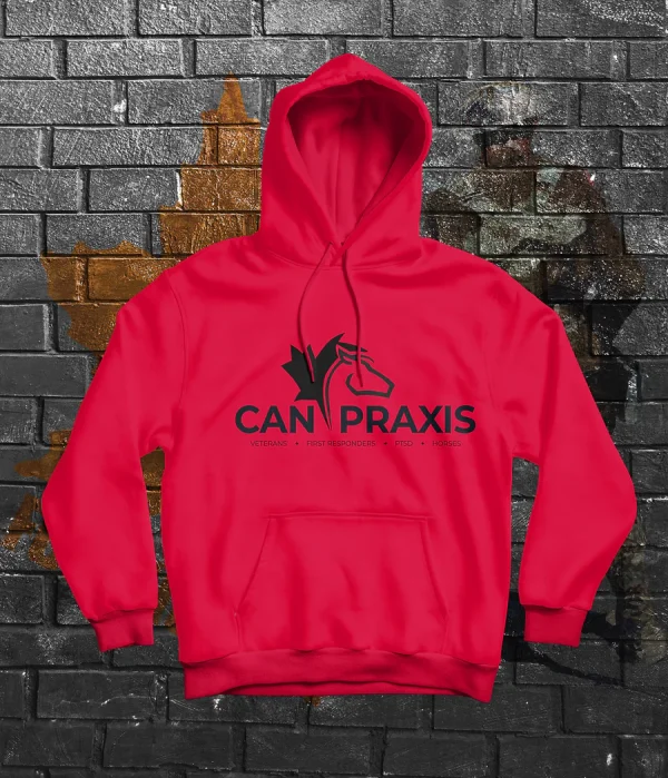 Design by CAN PRAXIS. Printed in Canada. Wear yours with pride! A classic hoodie with a large front pouch pocket and drawstrings in matching color.